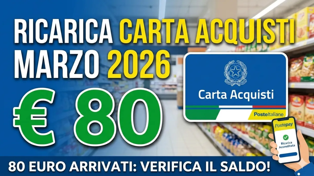 Make me proffessional and engaging thumbnail  "wide" and large and good : Ricarica Carta Acquisti Marzo 2026: 80 euro,